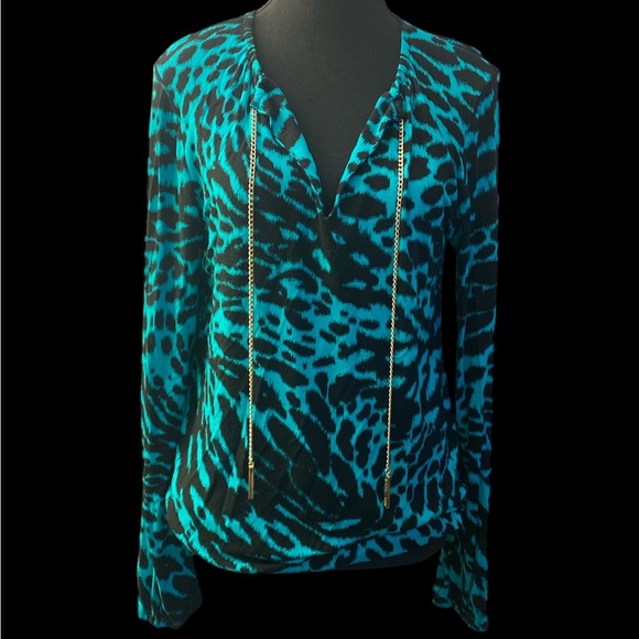 Michael Kors Tops - Michael Kors Teal and Black Animal Print Blouse EUC S